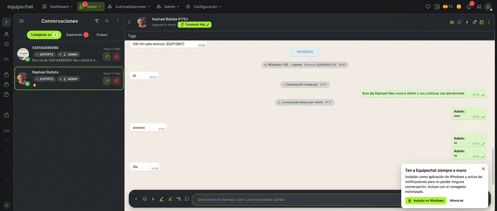 Pantalla real de Bandeja omnicanal en Equipechat